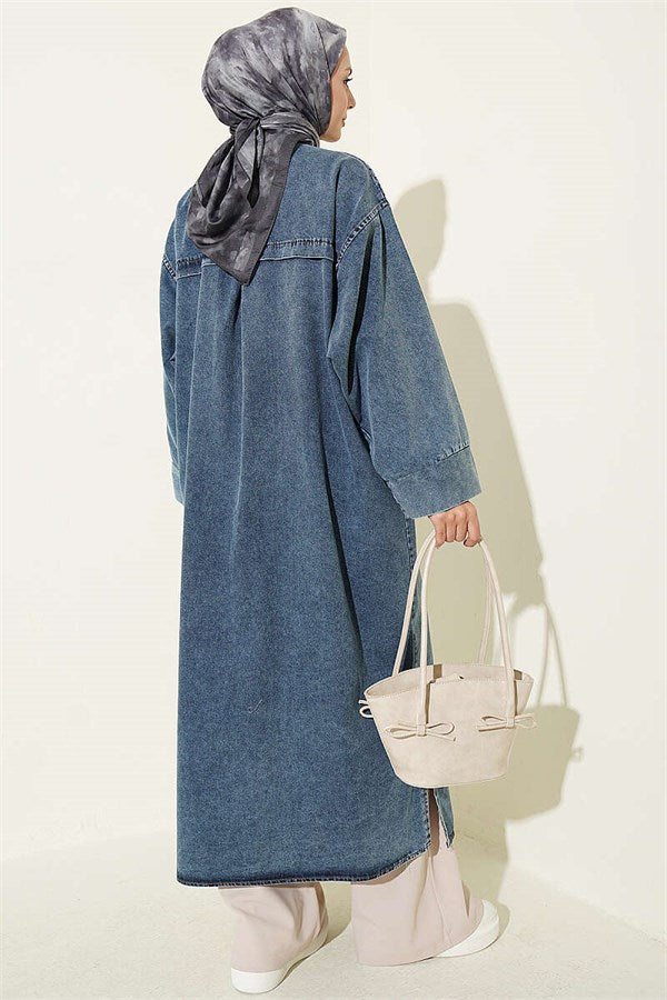 Button-Down Long Tunic in Denim Blue