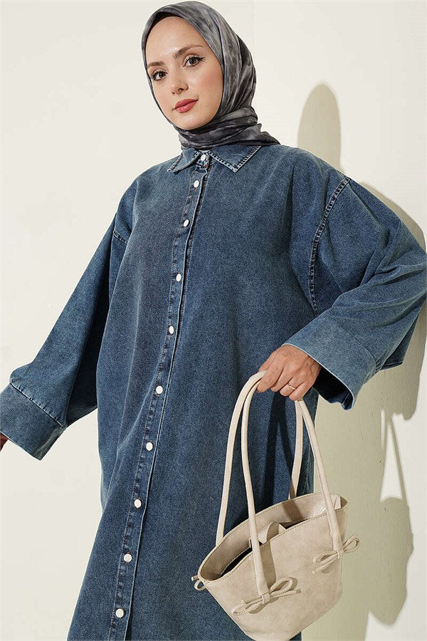 Button-Down Long Tunic in Denim Blue