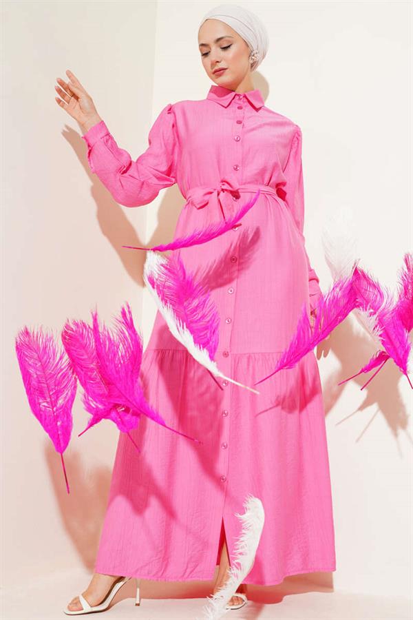 Pink Button-Down Flounce Dress