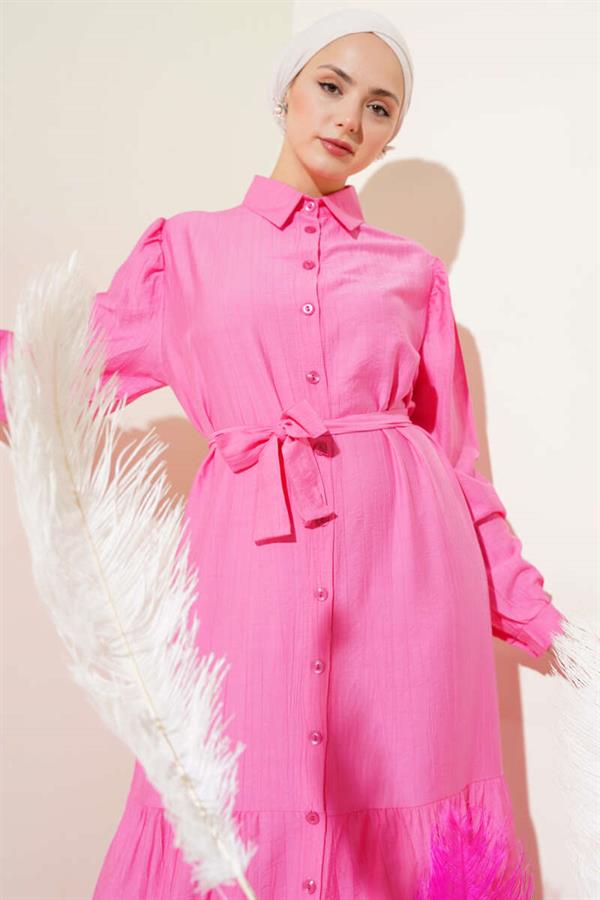 Pink Button-Down Flounce Dress
