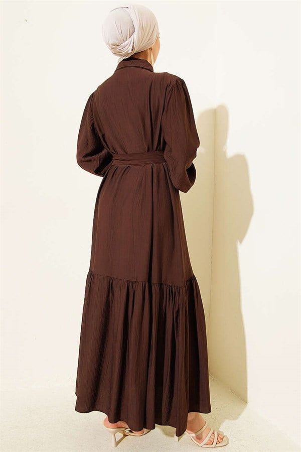 Full-Length Buttoned Ruffled Belted Dress in Brown