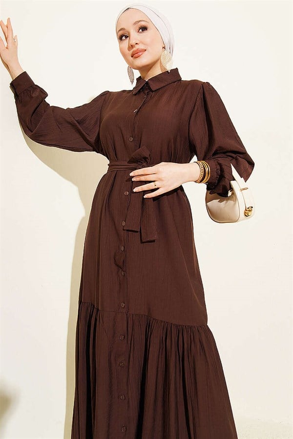 Full-Length Buttoned Ruffled Belted Dress in Brown
