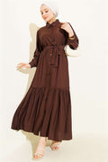 Full-Length Buttoned Ruffled Belted Dress in Brown