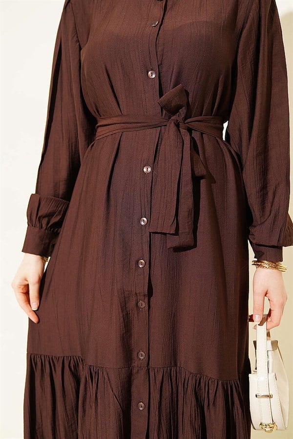 Full-Length Buttoned Ruffled Belted Dress in Brown