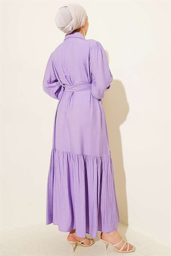 Full-Length Buttoned Ruffled Belted Dress in Lilac