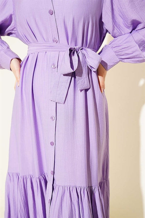Full-Length Buttoned Ruffled Belted Dress in Lilac