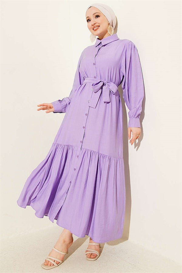 Full-Length Buttoned Ruffled Belted Dress in Lilac