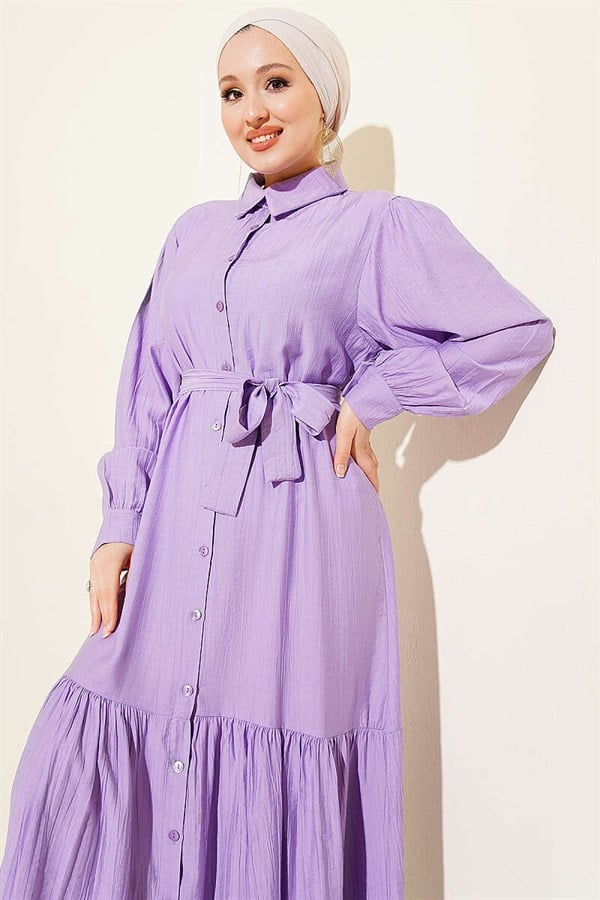 Full-Length Buttoned Ruffled Belted Dress in Lilac