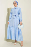 Full-Length Buttoned Ruffled Belted Dress, Blue