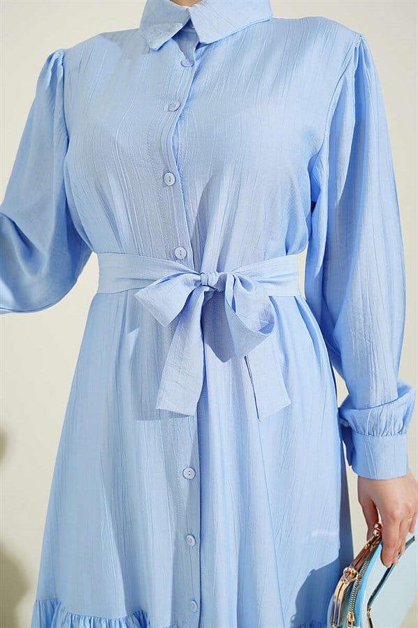 Full-Length Buttoned Ruffled Belted Dress, Blue