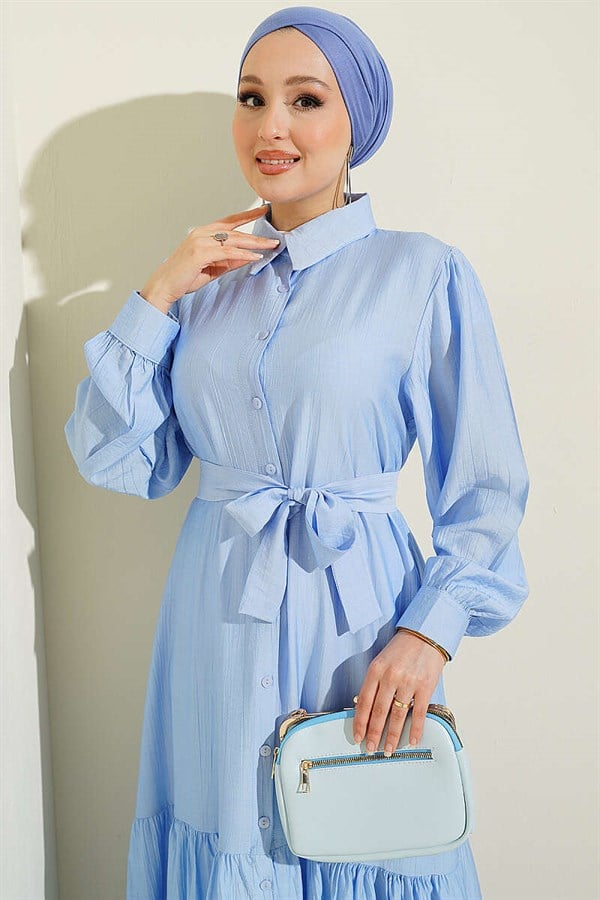 Full-Length Buttoned Ruffled Belted Dress, Blue