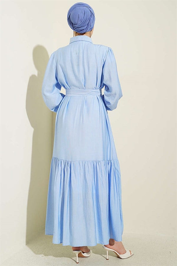 Full-Length Buttoned Ruffled Belted Dress, Blue