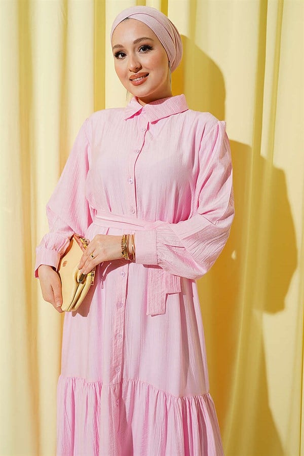 Pink Button-Down Ruffled Belted Dress