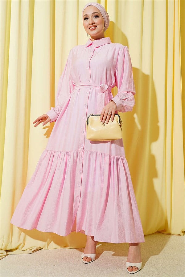 Pink Button-Down Ruffled Belted Dress