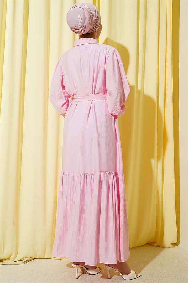 Pink Button-Down Ruffled Belted Dress