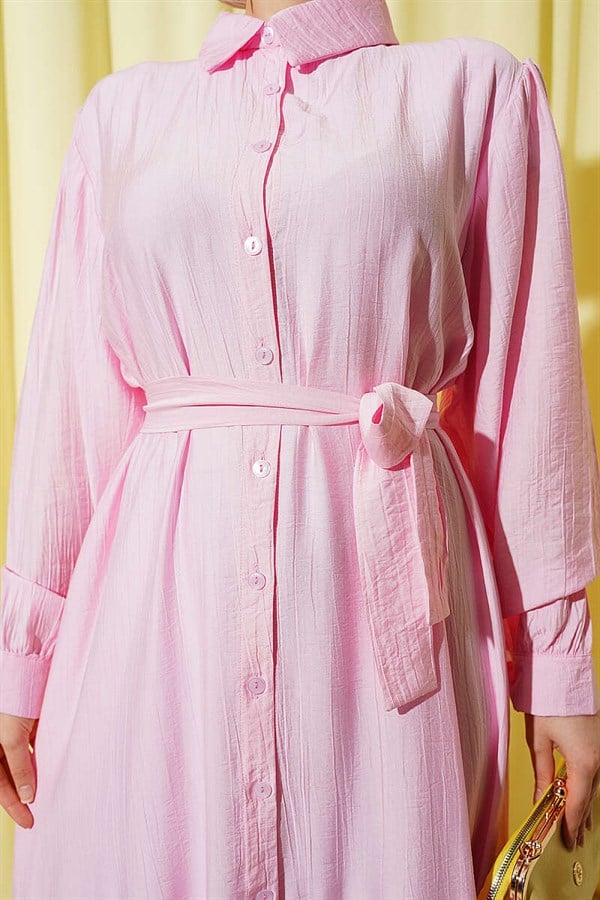 Pink Button-Down Ruffled Belted Dress