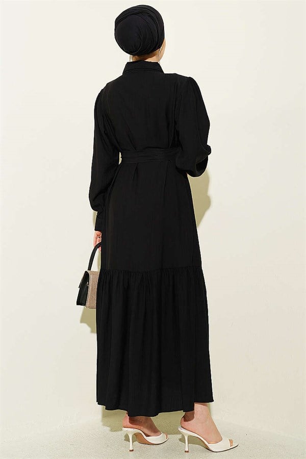 Black Button-Down Ruffled Belted Dress