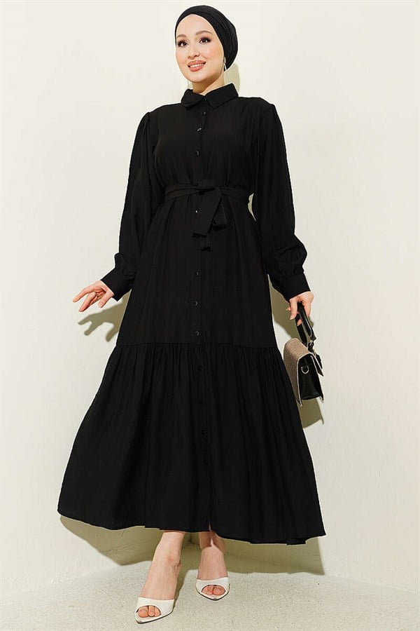 Black Button-Down Ruffled Belted Dress