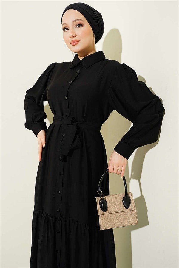 Black Button-Down Ruffled Belted Dress