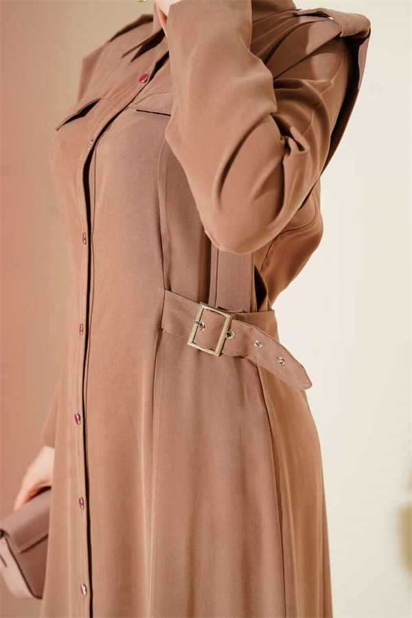 Full-Length Buttoned Side Belt Tencel Dress Latte