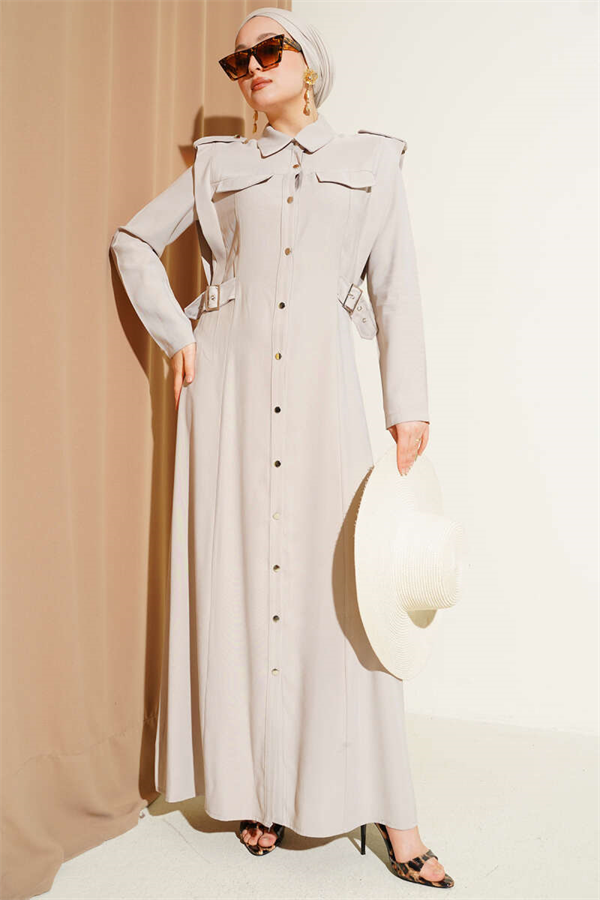Full-Length Buttoned Tencel Dress with Side Belts (Stone)