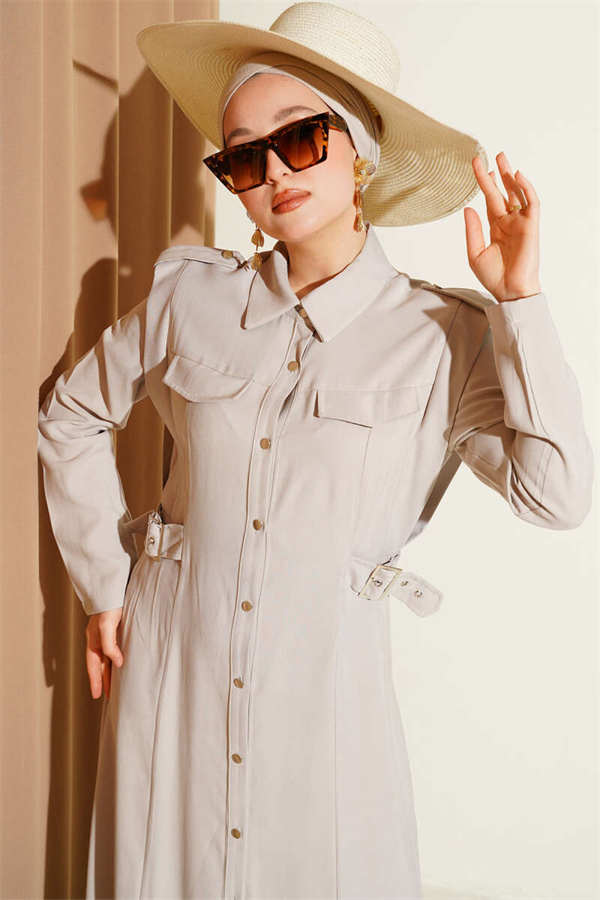 Full-Length Buttoned Tencel Dress with Side Belts (Stone)