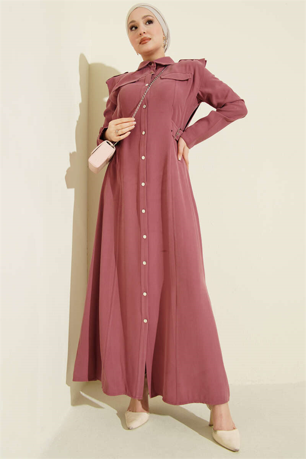 Full-Length Buttoned Tencel Dress with Side Belts, Rose Pink