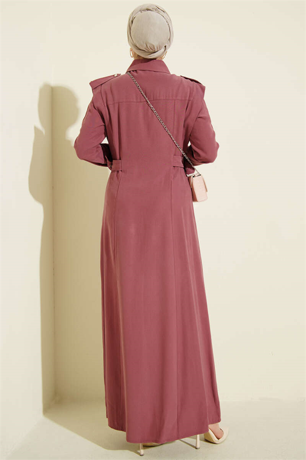 Full-Length Buttoned Tencel Dress with Side Belts, Rose Pink