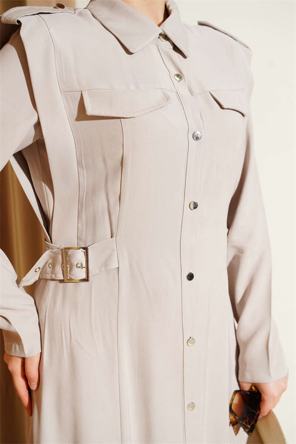 Full-Length Buttoned Tencel Dress with Side Belts (Stone)