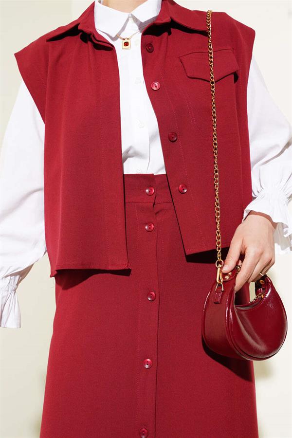 Buttoned Vest and Skirt 2 Piece Set Burgundy
