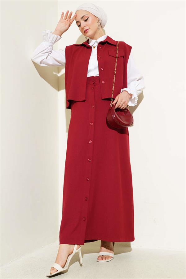 Buttoned Vest and Skirt 2 Piece Set Burgundy