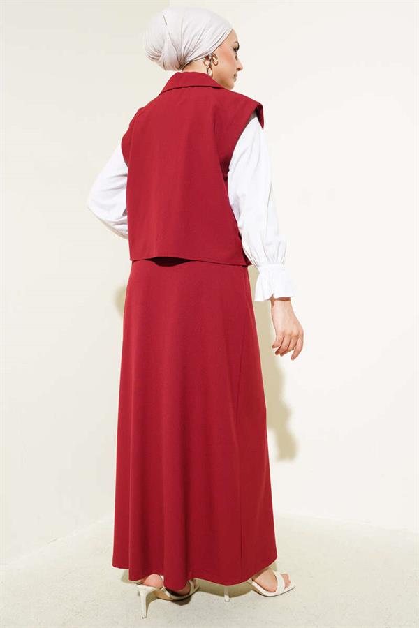 Buttoned Vest and Skirt 2 Piece Set Burgundy
