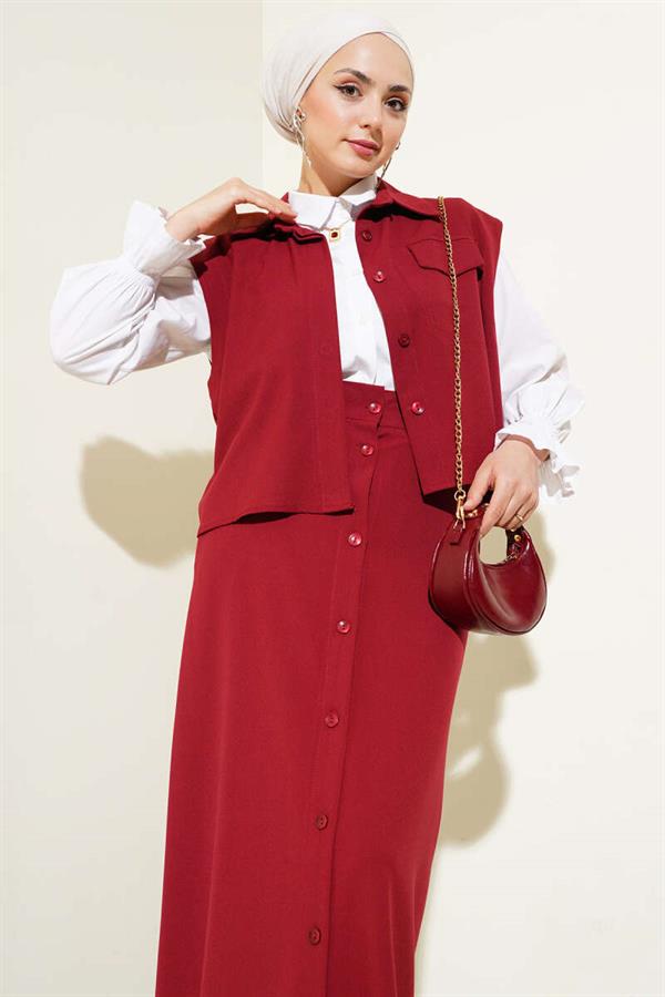 Buttoned Vest and Skirt 2 Piece Set Burgundy