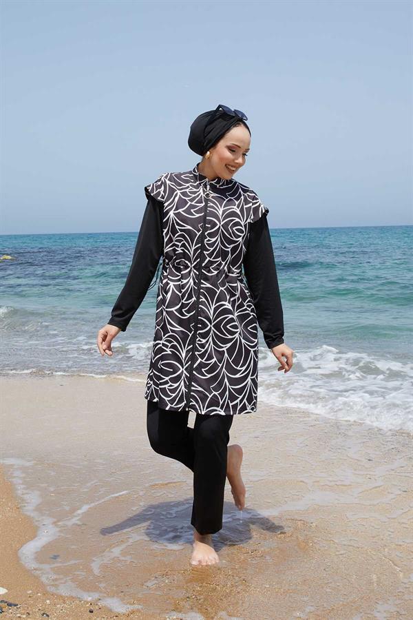 Fully Zippered Adjustable Waist Hijab Swimsuit -133