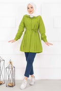 Full-Length Hijab Shirt with Hidden Buttons and Pleat Detail, Olive Green