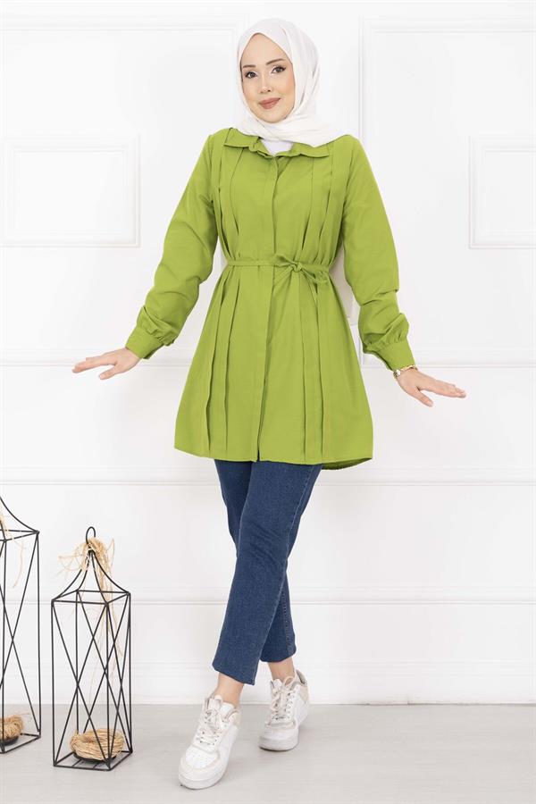 Full-Length Hijab Shirt with Hidden Buttons and Pleat Detail, Olive Green