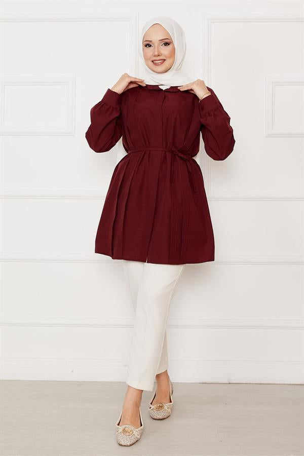 Hidden Button Pleat Detailed Hijab Shirt Claret Red
