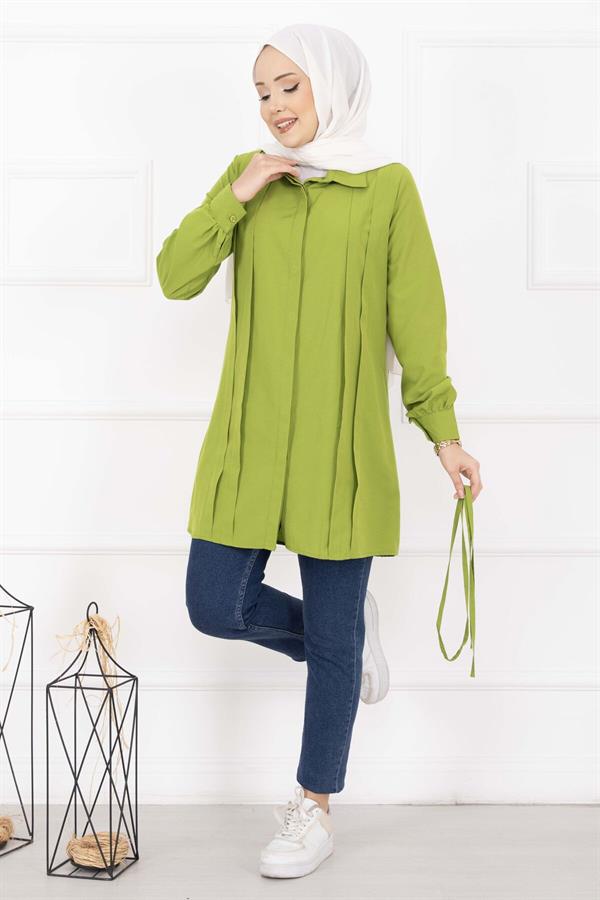 Full-Length Hijab Shirt with Hidden Buttons and Pleat Detail, Olive Green