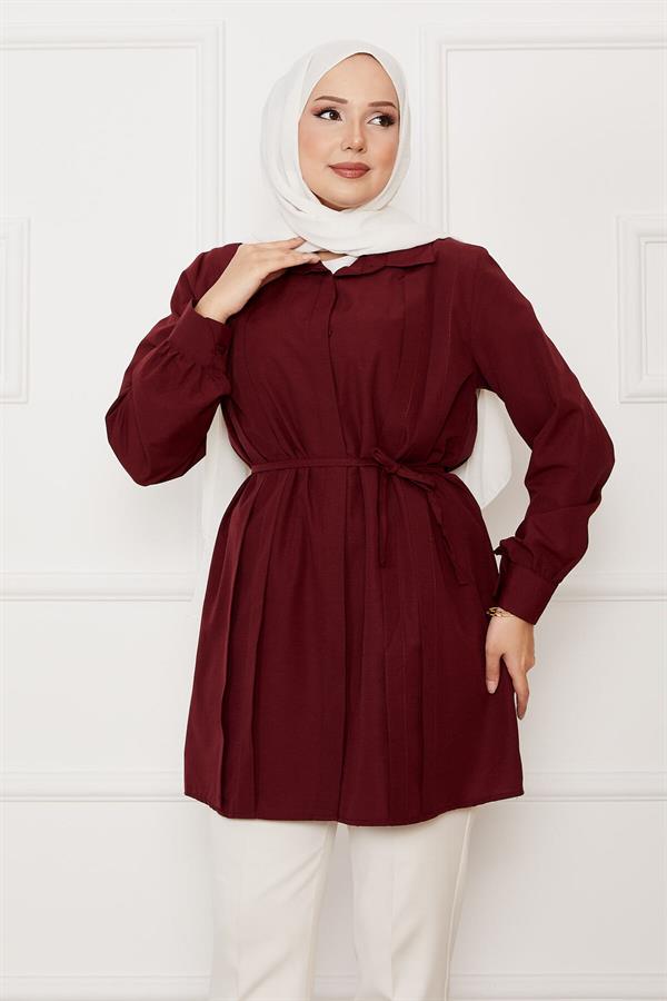 Hidden Button Pleat Detailed Hijab Shirt Claret Red