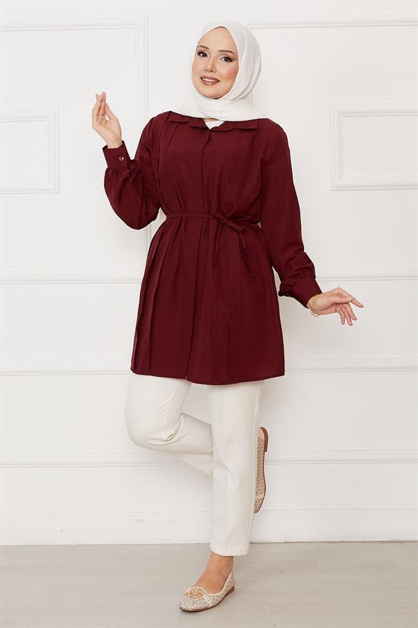 Hidden Button Pleat Detailed Hijab Shirt Claret Red