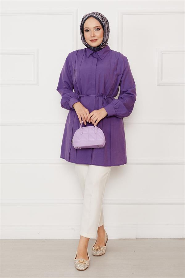 Hidden Button Pleat Detailed Hijab Shirt Purple