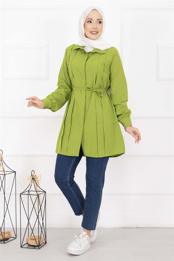 Full-Length Hijab Shirt with Hidden Buttons and Pleat Detail, Olive Green