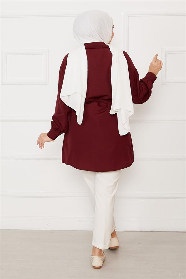 Hidden Button Pleat Detailed Hijab Shirt Claret Red