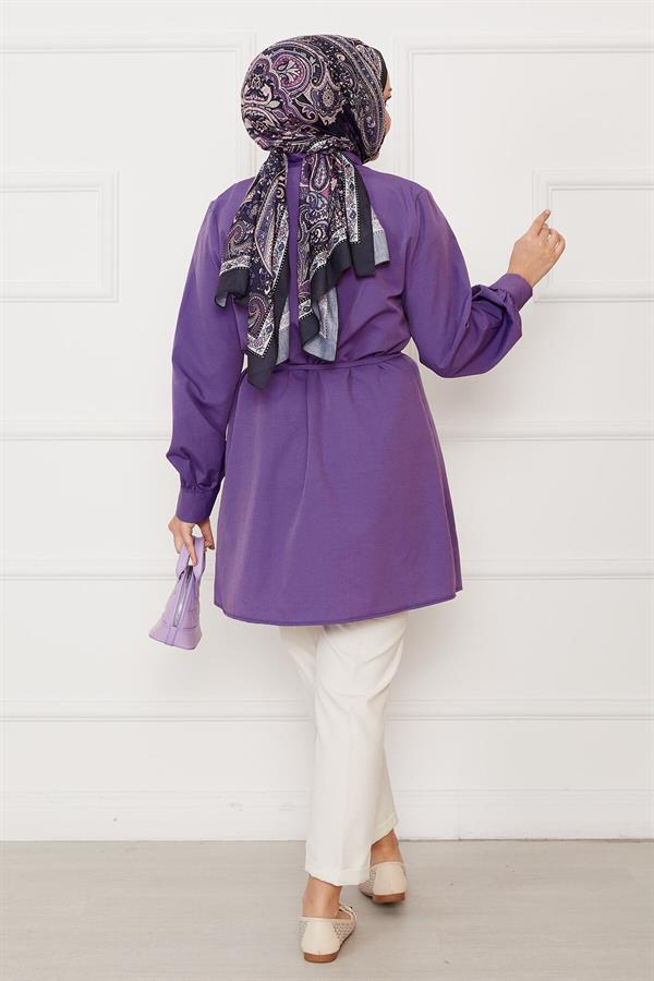 Hidden Button Pleat Detailed Hijab Shirt Purple