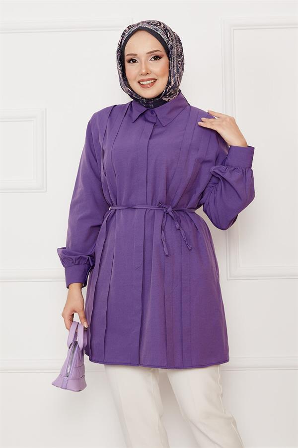 Hidden Button Pleat Detailed Hijab Shirt Purple