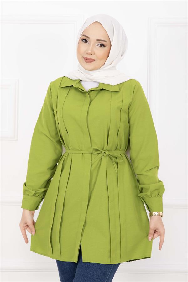 Full-Length Hijab Shirt with Hidden Buttons and Pleat Detail, Olive Green