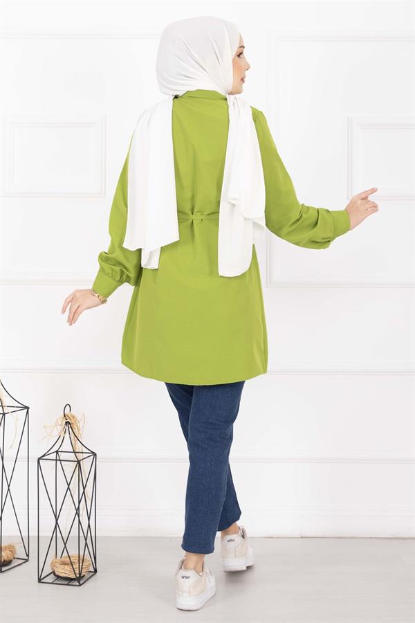 Full-Length Hijab Shirt with Hidden Buttons and Pleat Detail, Olive Green