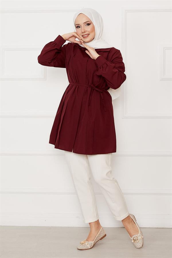 Hidden Button Pleat Detailed Hijab Shirt Claret Red