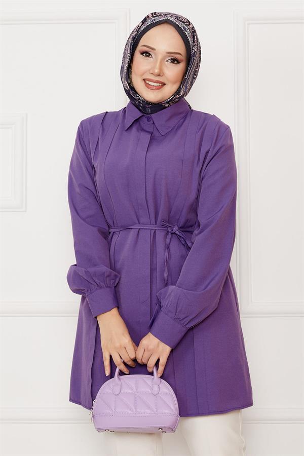 Hidden Button Pleat Detailed Hijab Shirt Purple