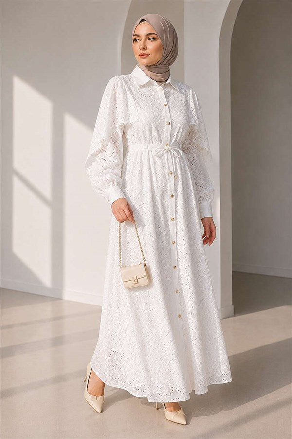 Full-Length Embroidered Dress with Gold Buttons and Waist Tunnel, White
